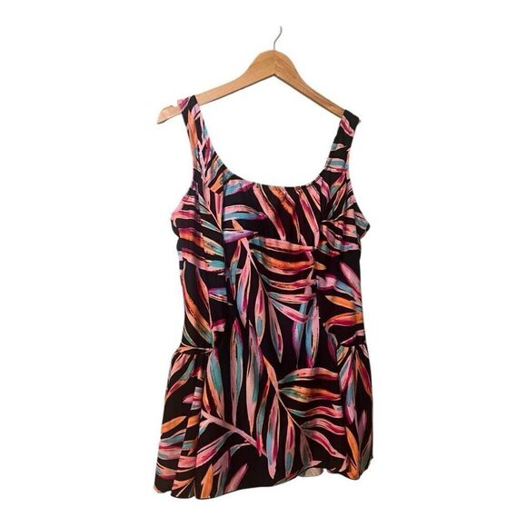 Maxine Of Hollywood Womens 22W One Piece Swimsuit Dress Black Pink Tropical Palm - Picture 1 of 9